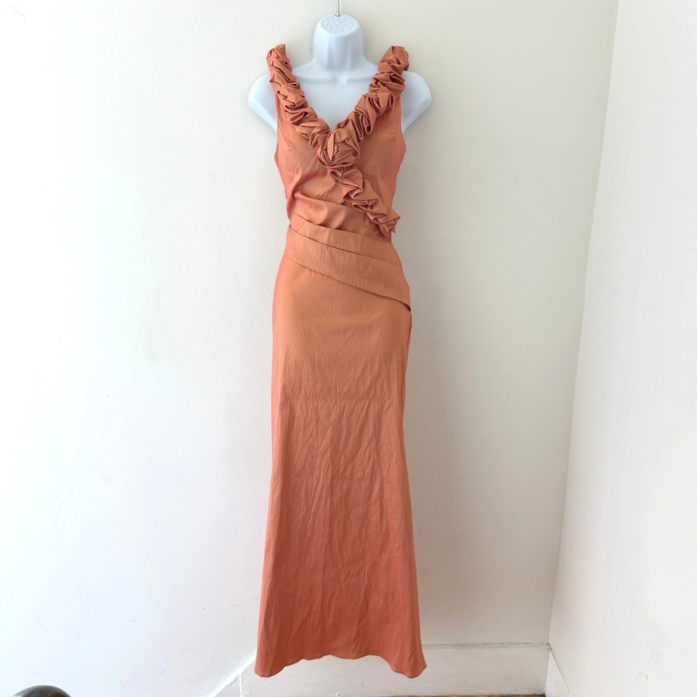 Y2K Iridescent Maxi Dress L Ruffle Rosette Peach Orange Taffeta Formal USA Made